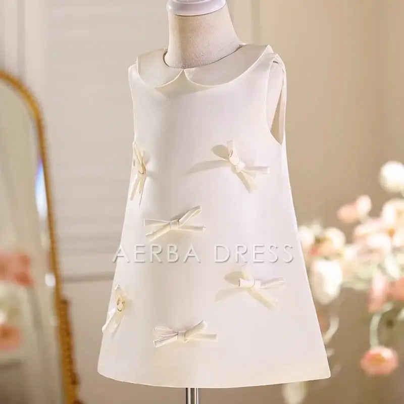 Wedding Flower Girl Dress Elegant Straight Doll Collar Sleeveless Bow Girl Formal Dress One-Year-Old Birthday Party Dress Cute Girl Princess Dress
