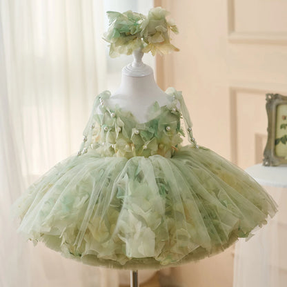 Wedding Flower Girl Dress Gorgeous A Line Spaghetti Strap 3D Flower Tutu Dress Beadwork Girl One-Year-Old Birthday Party Dress Cute Girl Princess Dress