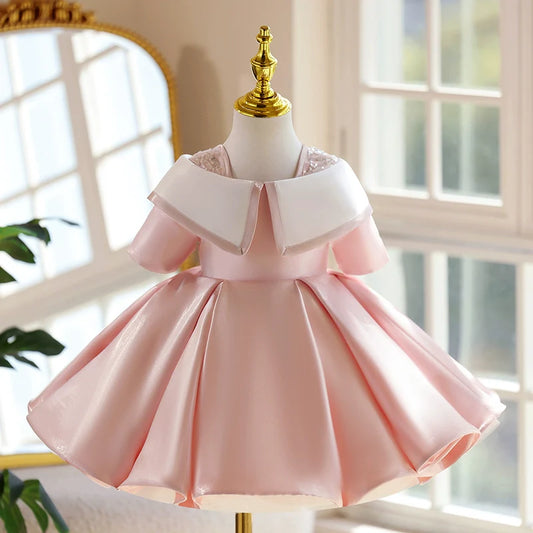 Wedding Flower Girl Dress Exquisite A Line Doll Collar Short Sleeve Pleated Girl Formal Dress One-Year-Old Birthday Party Dress Cute Girl Princess Dress