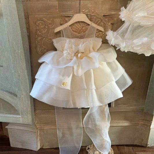 Wedding Flower Girl Dress Exquisite A Line Round Neck Sleeveless 3D Flower Tiers Fluffy Bow Girl Formal Dress One-Year-Old Birthday Party Dress Cute Girl Princess Dress