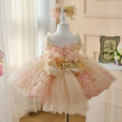 Wedding Flower Girl Dress Exquisite A Line Spaghetti Strap 3D Flower Tutu Dress Beadwork Girl One-Year-Old Birthday Party Dress Cute Girl Princess Dress