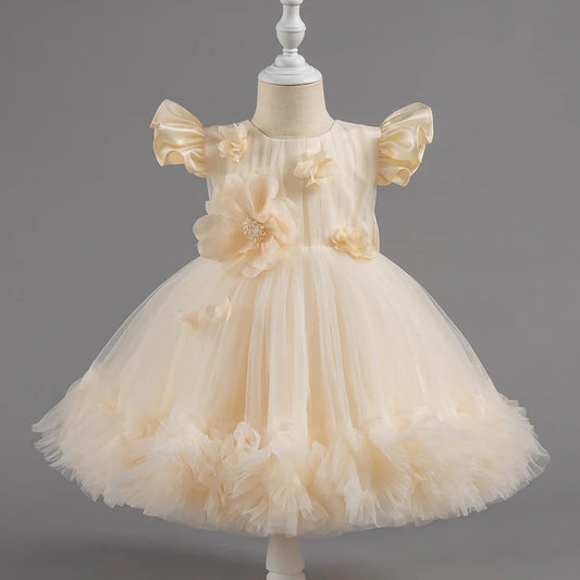 Wedding Flower Girl Dress Fantastic A Line Round Neck Flying sleeves Pleated 3D Flower Girl Communion Formal Dress One-Year-Old Birthday Party Dress Cute Girl Princess Dress