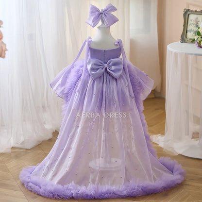 Wedding Flower Girl Dress Fantastic A Line Spaghetti Strap Beadwork Bow Sweep Train Girl Communion Formal Dress One-Year-Old Birthday Party Dress Cute Girl Princess Dress