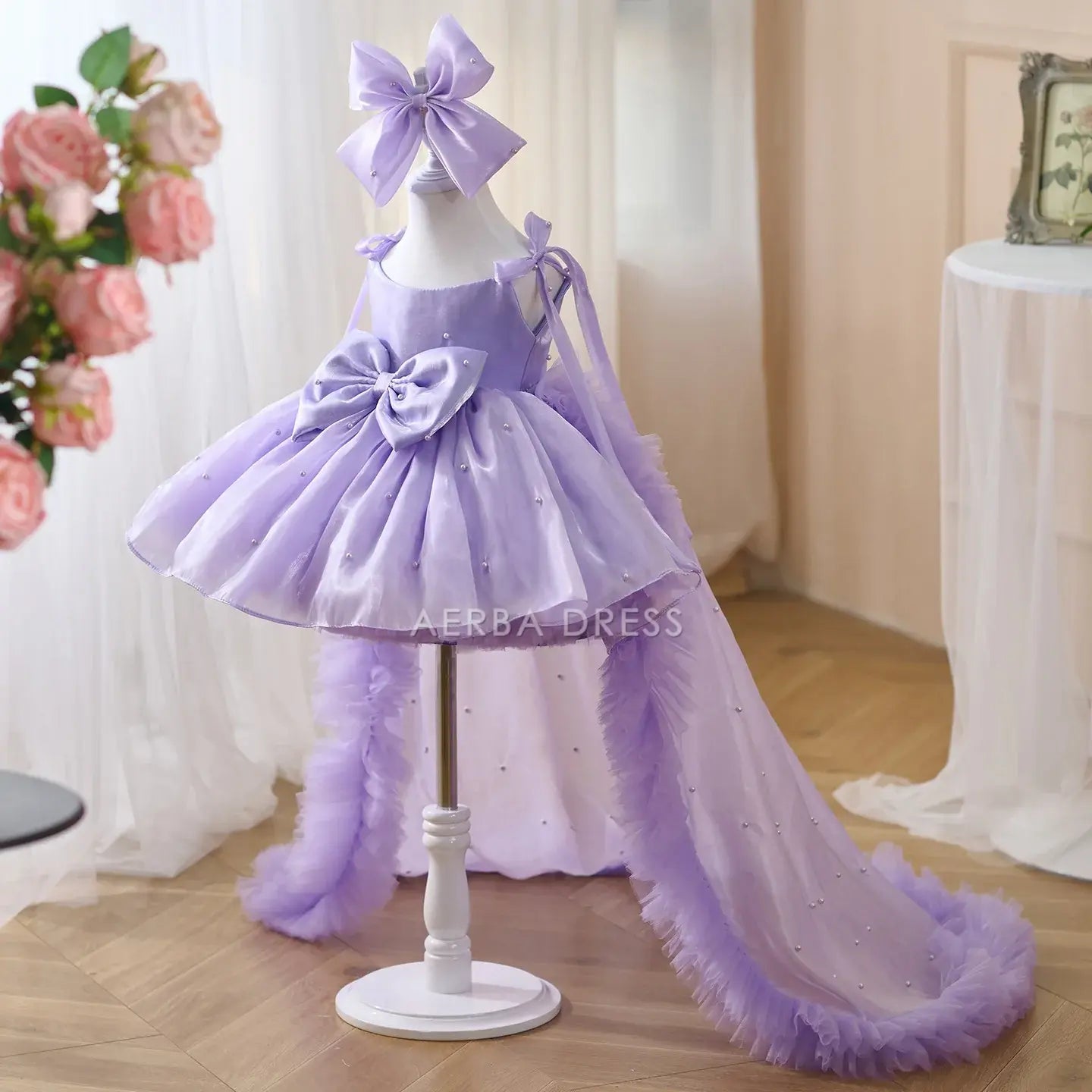 Wedding Flower Girl Dress Fantastic A Line Spaghetti Strap Beadwork Bow Sweep Train Girl Communion Formal Dress One-Year-Old Birthday Party Dress Cute Girl Princess Dress