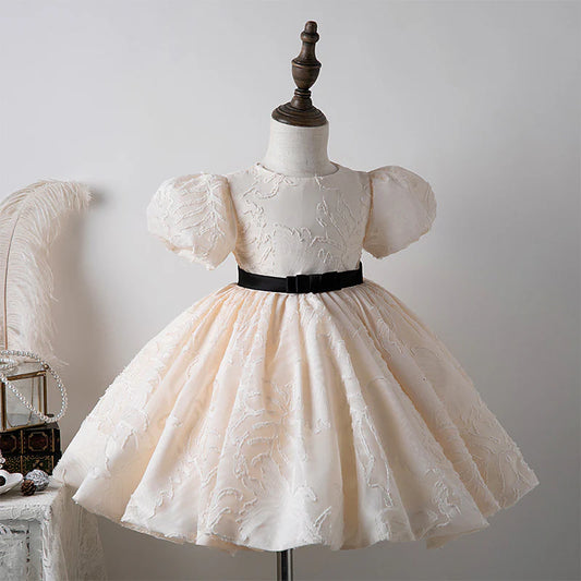 Wedding Flower Girl Dress Fashion A Line Round Neck Puff Sleeve Girl Communion Formal Dress One-Year-Old Birthday Party Dress Cute Girl Princess Dress