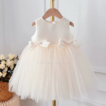 Wedding Flower Girl Dress Fashion A Line Round Neck Sleeveless Bow Girl One-Year-Old Birthday Party Dress Cute Girl Princess Dress