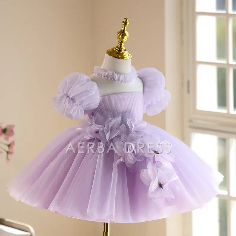 Wedding Flower Girl Dress Gorgeous A Line Puff Sleeve 3D Flower Pleated Beadwork Girl One-Year-Old Birthday Party Dress Cute Girl Princess Dress