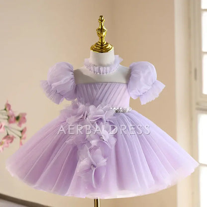Wedding Flower Girl Dress Gorgeous A Line Puff Sleeve 3D Flower Pleated Beadwork Girl One-Year-Old Birthday Party Dress Cute Girl Princess Dress