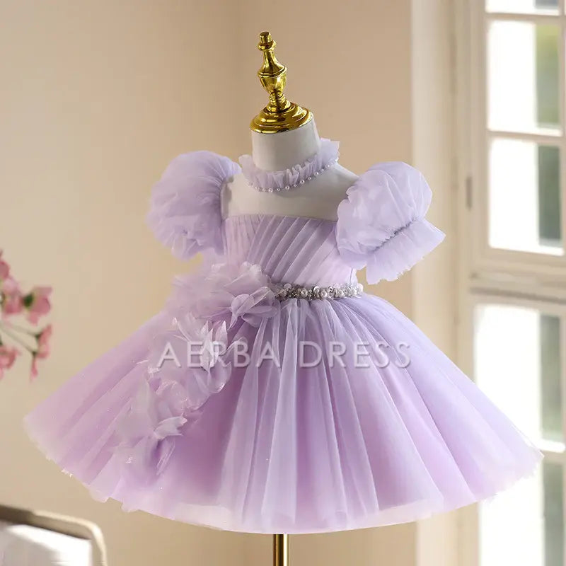 Wedding Flower Girl Dress Gorgeous A Line Puff Sleeve 3D Flower Pleated Beadwork Girl One-Year-Old Birthday Party Dress Cute Girl Princess Dress