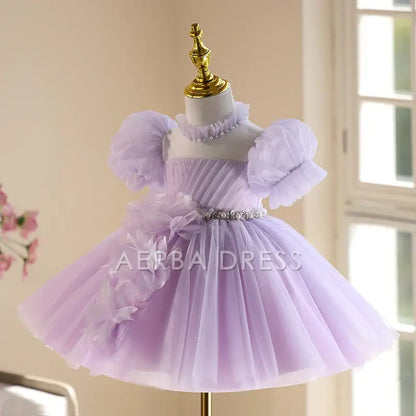 Wedding Flower Girl Dress Gorgeous A Line Puff Sleeve 3D Flower Pleated Beadwork Girl One-Year-Old Birthday Party Dress Cute Girl Princess Dress