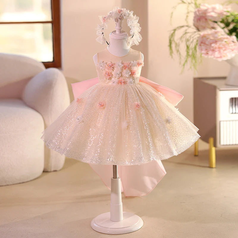 Wedding Flower Girl Dress Sequin A Line Round Neck Sleeveless 3D Flower Beadwork Bow Sparkle Girl One-Year-Old Birthday Party Dress Cute Girl Princess Dress