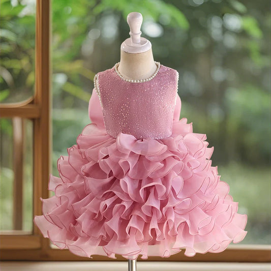 Wedding Flower Girl Dress Sequin A Line Round Neck Sleeveless Tiers Ruched Beadwork Girl Communion Formal Dress One-Year-Old Birthday Party Dress Cute Girl Princess Dress