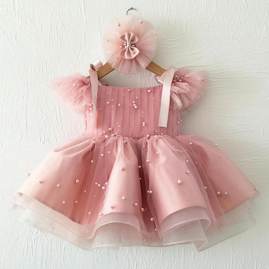 Wedding Flower Girl Dress Sparkle A Line Sleeveless Pageant Dress Fluffy Beadwork Girl Formal Dress One-Year-Old Birthday Party Dress Cute Girl Princess Dress