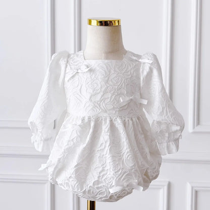 Wedding Flower Girl Dress Square Neck Long sleeves Baby Wrap Buttocks Bow Girl One-Year-Old Birthday Party Dress Cute Princess Dress
