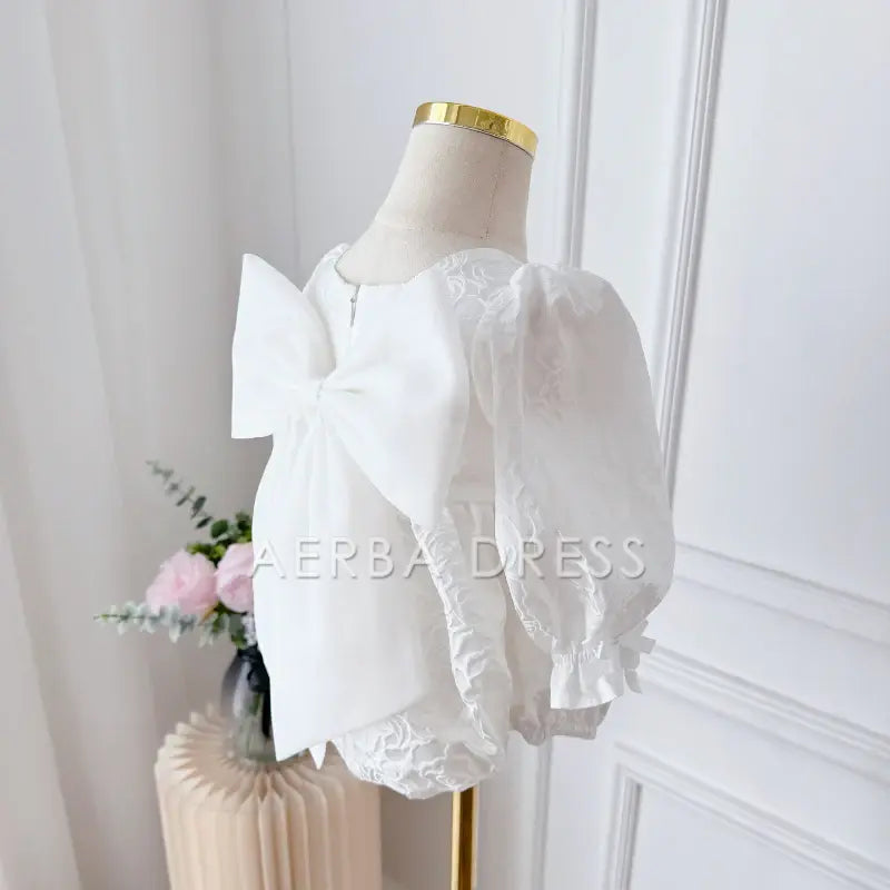 Wedding Flower Girl Dress Square Neck Long sleeves Baby Wrap Buttocks Bow Girl One-Year-Old Birthday Party Dress Cute Princess Dress