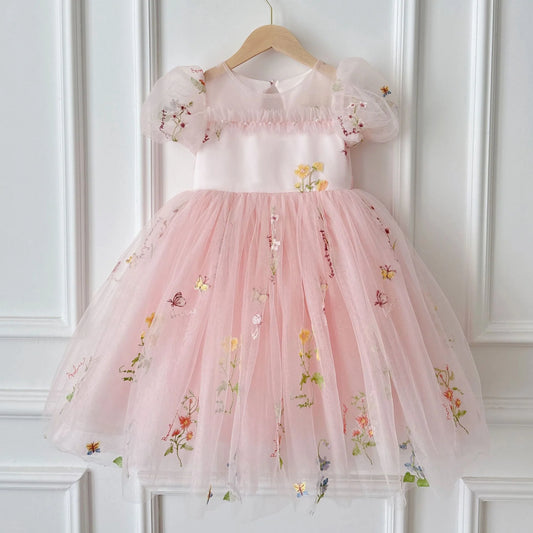 Wedding Flower Girl Dress Sweet A Line Round Neck Short sleeve Bow Embroidery Lace Beadwork Girl Formal Dress One-Year-Old Birthday Party Dress Cute Girl Princess Dress