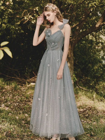 Whimsical A-Line V-Neck Floral Dusty Blue Floor-Length Evening Dress