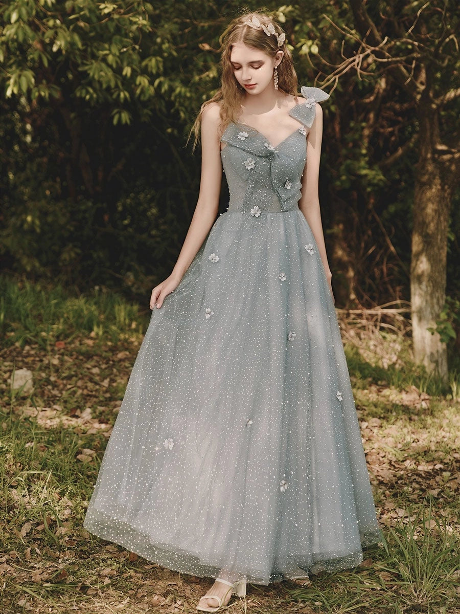 Whimsical A-Line V-Neck Floral Dusty Blue Floor-Length Evening Dress