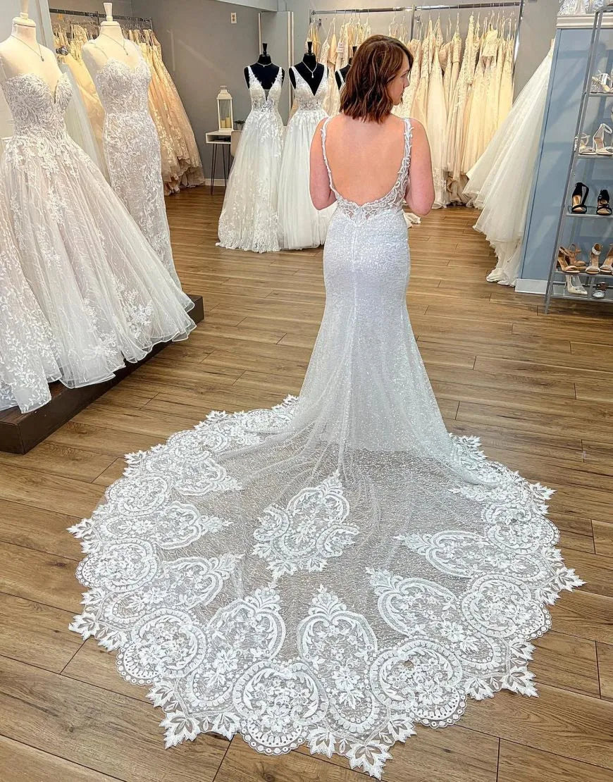 AerbaDress Deep V-Neck Wedding Dress Mermaid Open Back Chapel Train