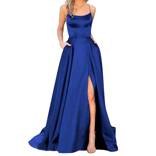 AerbaDress Sexy Formal dresses Party Dress For Women Prom Dresses Ladies Long Elegant Halter Backless Dresses Satin Spaghetti Side Slit Wedding Evening With Pockets