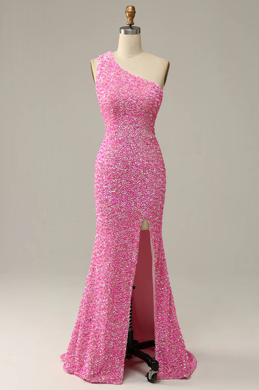AerbaDress Fuchsia Sequined One Shoulder Mermaid Prom Dress With Slit