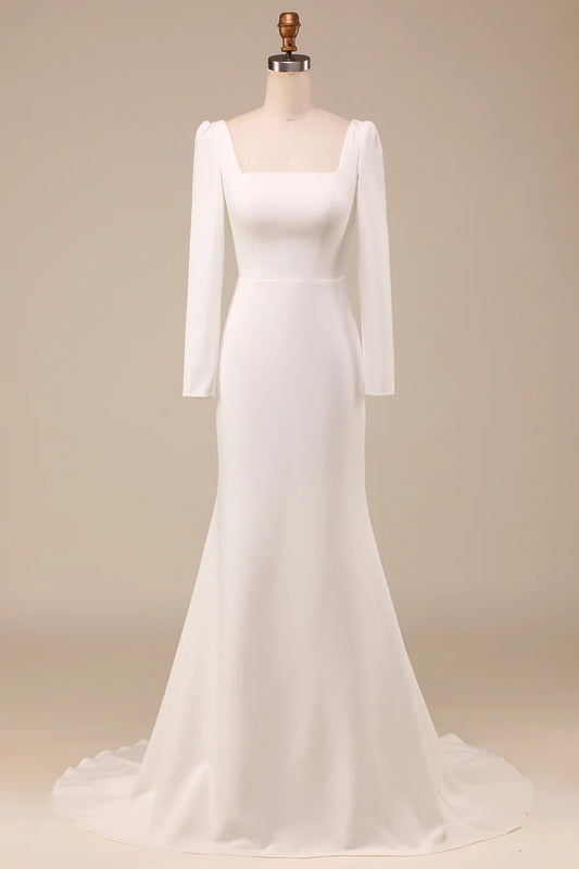 AerbaDress Ivory Mermaid Square Neck Bridal Dress With Long Sleeves