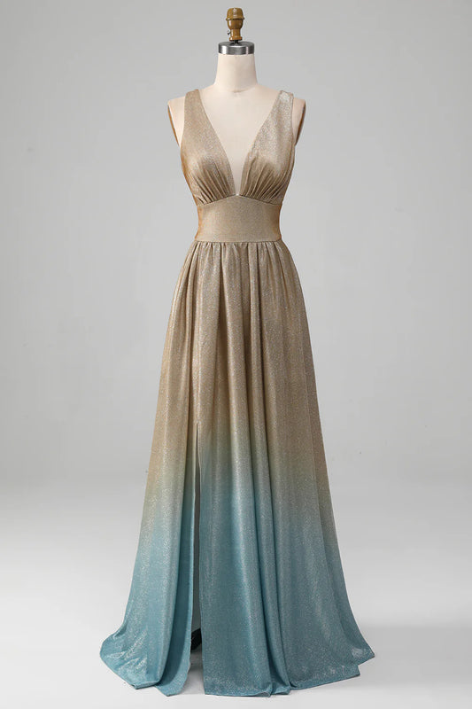 AerbaDress Glitter V-Neck Golden Prom Dress with Slit