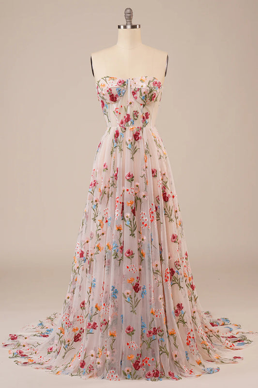 AerbaDress Tulle Strapless Sweep Train Ivory Long Wedding Dress with Embroidery