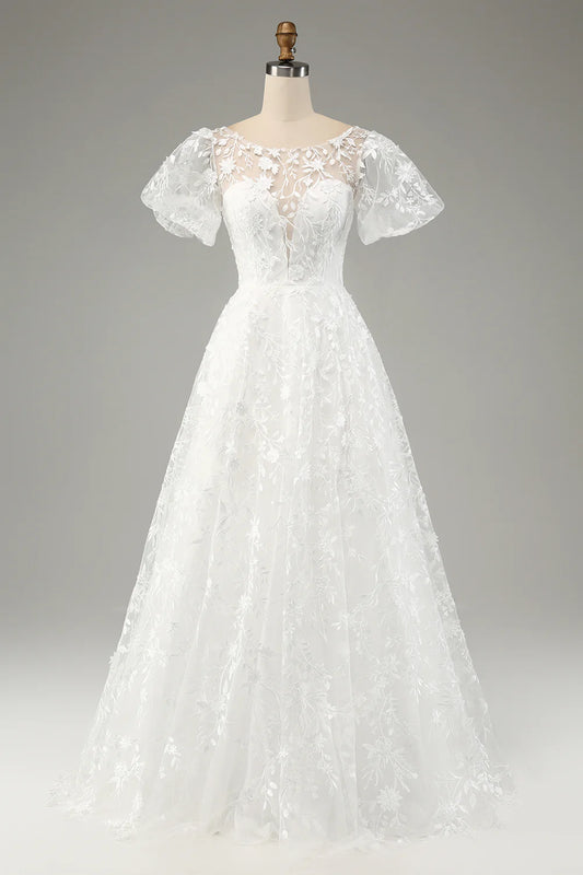 AerbaDress Ivory A-Line Puff Sleeves Wedding Dress with Appliques