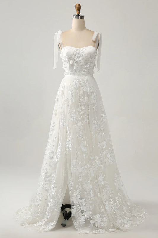 AerbaDress Ivory A-Line Spaghetti Straps Wedding Dress with Appliques