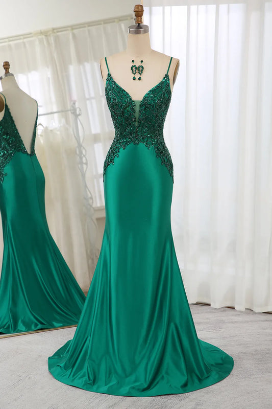 AerbaDress Dark Green Spaghetti Straps Mermaid Satin Prom Dress With Appliques