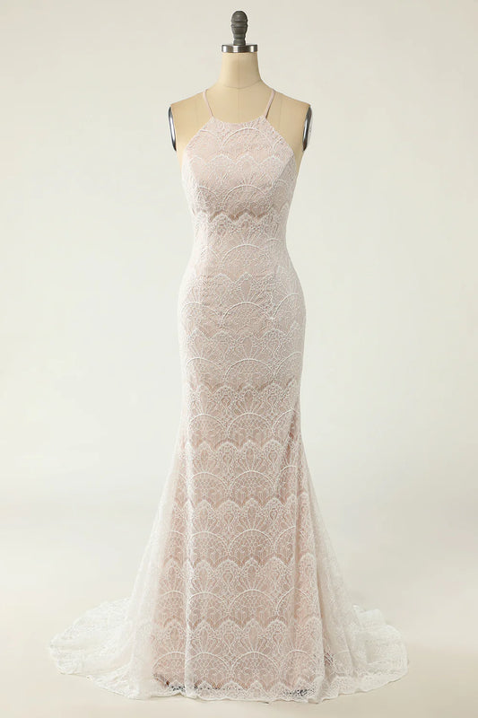 AerbaDress Mermaid Halter White Lace Wedding Dress with Sweep Train
