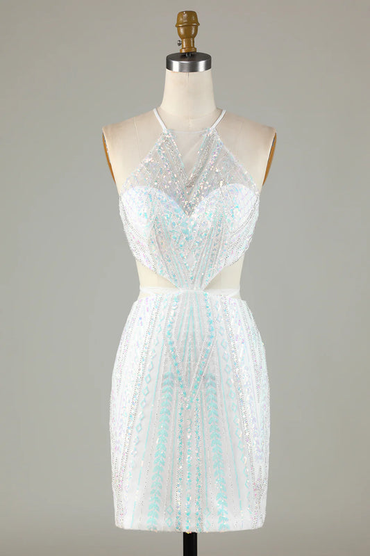 AerbaDress White Sequins Halter Tight Homecoming Dress with Lace-up Back