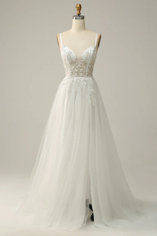 AerbaDress A Line Spaghetti Straps White Long Bridal Dress with Appliques