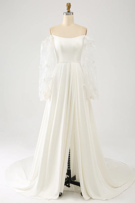 AerbaDress Ivory A Line Long Chiffon Wedding Dress With 3D Butterflies Long Sleeves