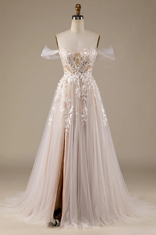 AerbaDress Champagne Tulle Detachable Off the Shoulder Wedding Dress with Lace