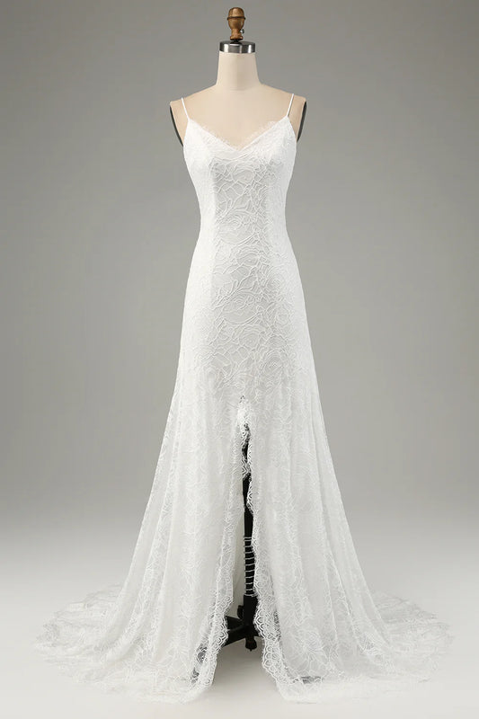 AerbaDress Ivory Mermaid Lace Spaghetti Straps Wedding Dress with Slit