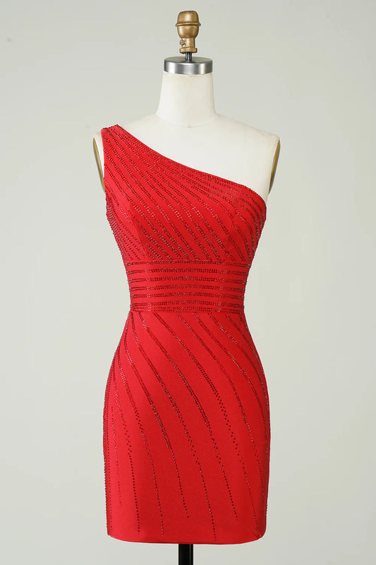 AerbaDress Sparkly One Shoulder Red Short Homecoming Dress with Beading