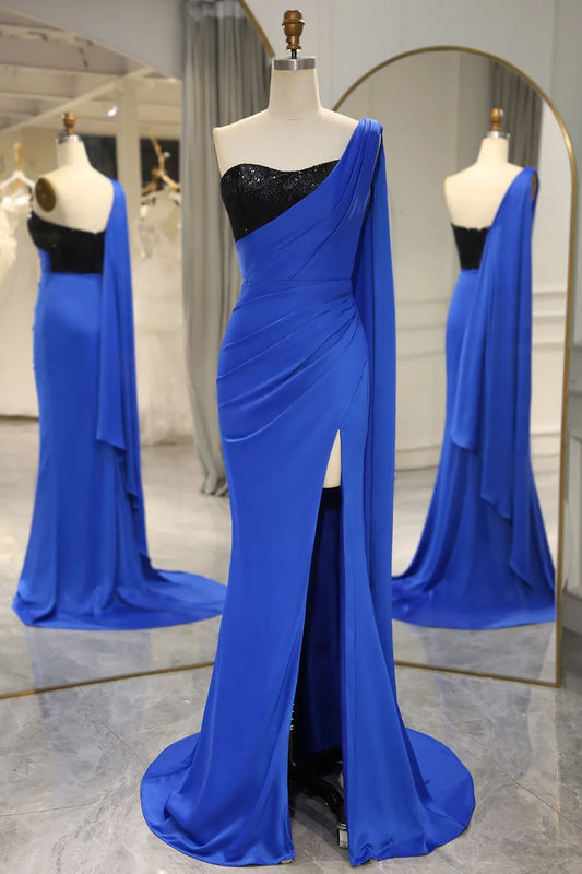 AerbaDress Royal Blue Mermaid One Shoulder Long Prom Dress With Shawl And Slit