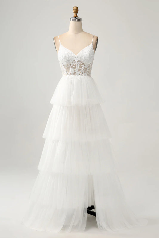 AerbaDress Ivory A-Line Tulle Tiered Corset Long Wedding Dress with Slit
