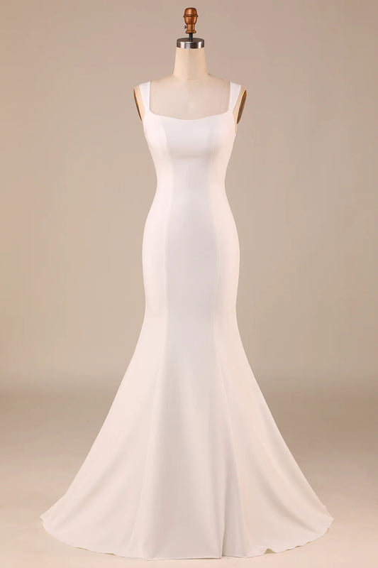 AerbaDress Simple Ivory Mermaid Wedding Dress with Back Bowknot