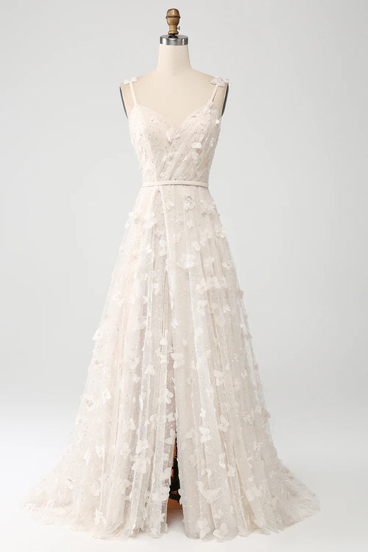 AerbaDress Apricot A Line Spaghetti Straps Appliques Long Wdding Dress with Slit