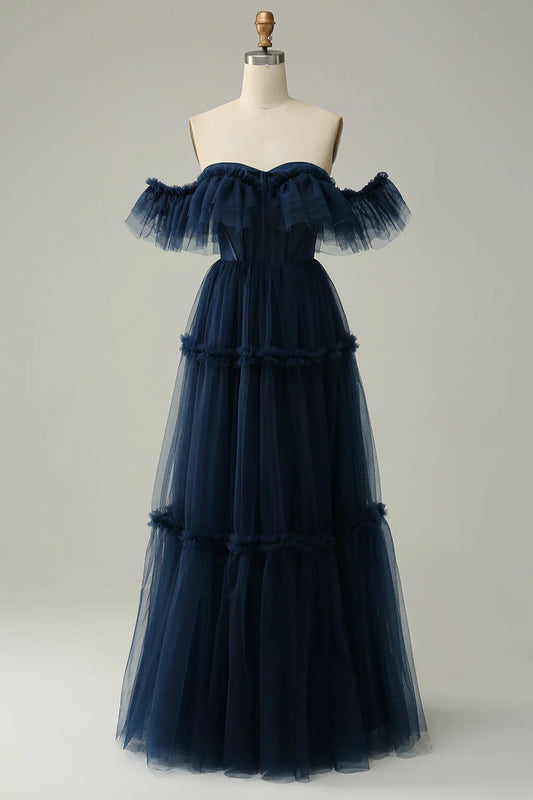 AerbaDress Long Prom Dress A-Line Off the Shoulder Sweetheart Tulle Navy