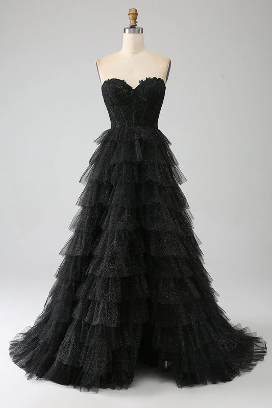 AerbaDress Long Prom Dress Glitter A-Line Sweetheart Tiered Tulle Corset with Slit Black