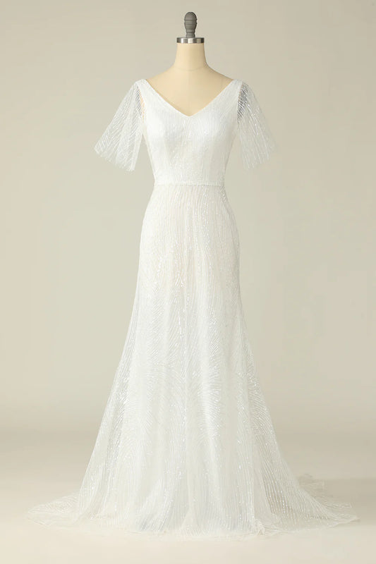 AerbaDress White V Neck Lace Wedding Dress