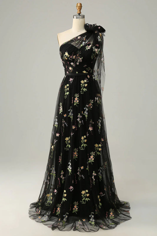 AerbaDress A-Line One Shoulder Green Long Prom Dress With Embroidery