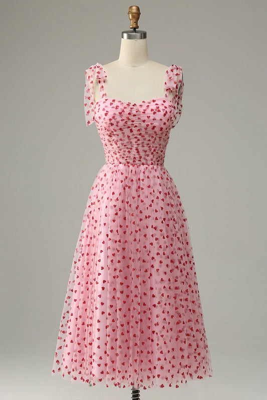 AerbaDress A-line Square Neck Tulle Midi Dress with Hearts Pink