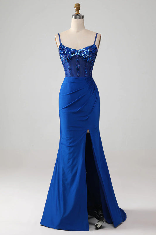 AerbaDress Prom Dress Mermaid Spaghetti Straps Beaded Corset with Slit Royal Blue