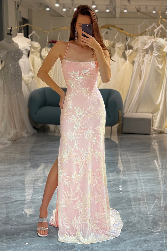 AerbaDress Long Prom Dress Sparkly Mermaid Spaghetti Straps with Slit Pink