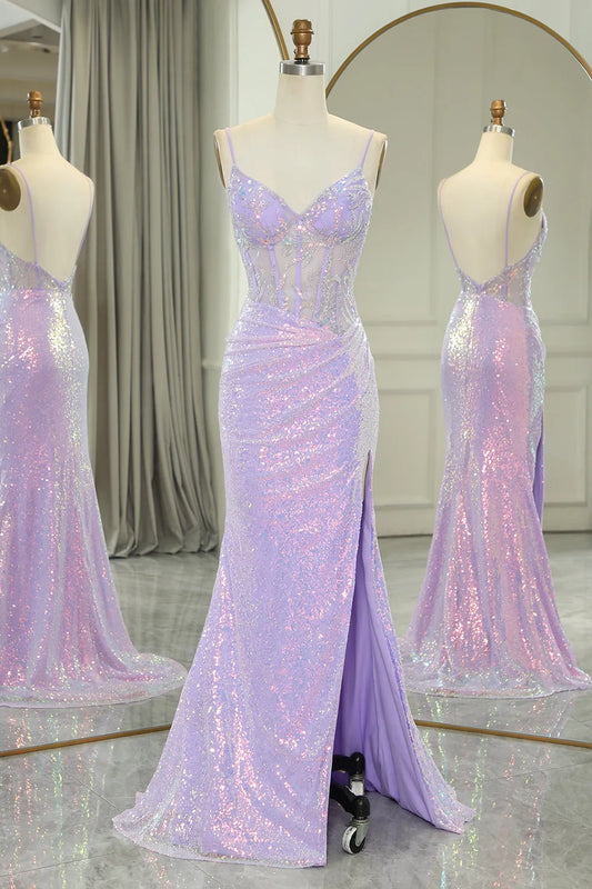 AerbaDress Glitter Light Purple Mermaid Backless Long Corset Prom Dress With Slit